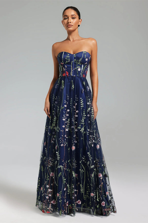 Tusare Open Shoulder Embroidery Maxi Dress - Floral